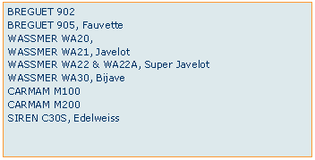 Zone de Texte: BREGUET 902BREGUET 905, FauvetteWASSMER WA20, WASSMER WA21, JavelotWASSMER WA22 & WA22A, Super JavelotWASSMER WA30, BijaveCARMAM M100CARMAM M200SIREN C30S, Edelweiss